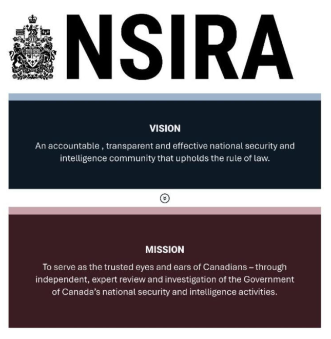 NSIRA's Vision and Mission: Vision — An accountable, transparent and effective national security and intelligence community that upholds the rule of law. Mission — To serve as the trusted eyes and ears of Canadians, through independent, expert review and investigation of the Government of Canada's national security and intelligence activities.
